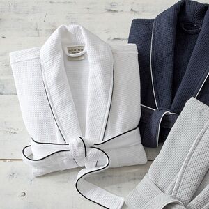 Pottery Barn White Waffle Knit Resort Robe with Blue Trim sz L